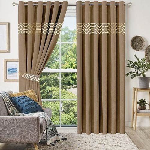 VELVET CURTAINS (PAIR) WITH DOUBLE TOP BORDER CUTWORK GOLDEN ON BEIGE WITH 2 TIE BELTS