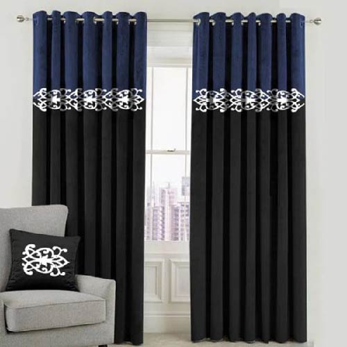 2 TONE VELVET CURTAINS WITH LASER CUTWORK BLUE & BLACK WITH TIE BELTS