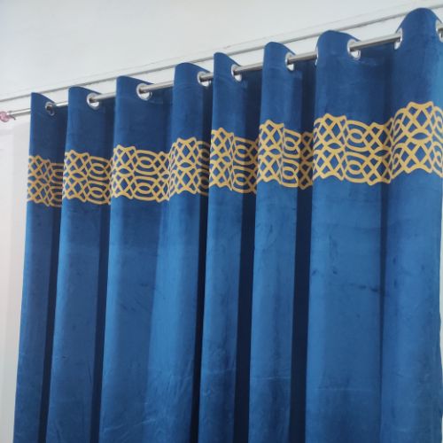 VELVET CURTAINS (PAIR) WITH DOUBLE TOP BORDER CUTWORK GOLDEN ON BLUE WITH 2 TIE BELTS)