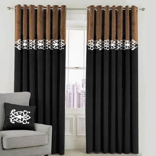 2 TONE VELVET CURTAINS WITH LASER CUTWORK BROWN & BLACK WITH TIE BELTS