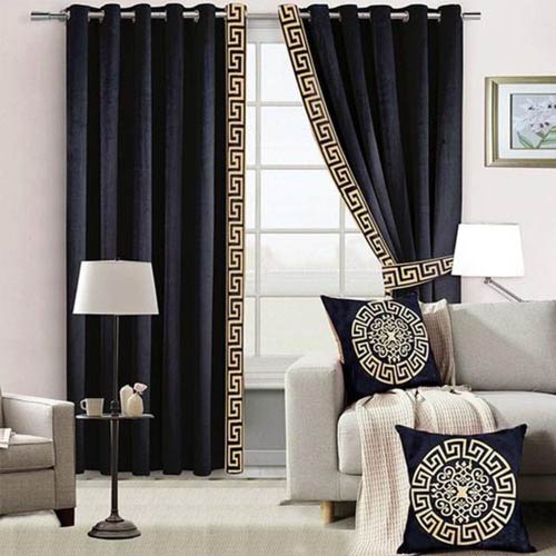 VELVET CURTAINS WITH SIDED LASER CUTWORK BORDER GOLDEN ON BLACK WITH 2 TIE BELTS