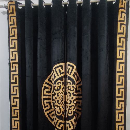 VELVET CURTAINS SUPLINDED SET WITH LASER CUTWORK GOLDEN ON BLACK WITH 2 TIE BELTS