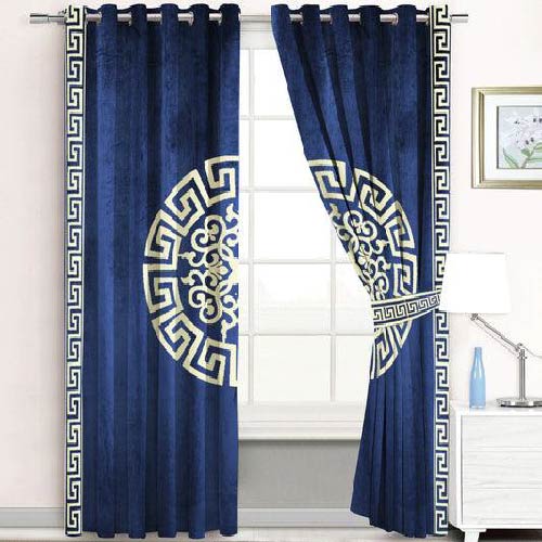 VELVET CURTAINS SUPLINDED SET WITH LASER CUTWORK OFF-WHITE ON BLUE WITH 2 TIE BELTS