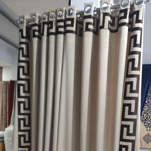 VELVET CURTAINS WITH 3 SIDED LASER CUTWORK CREAM & BROWN WITH TIE BELTS