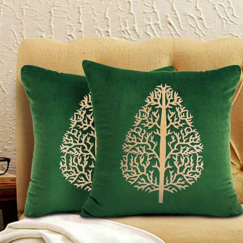 VELVET CUSHION COVERS PREMIUM QUALITY WITH LASER CUTWORK 16 X 16 INCHES GREEN