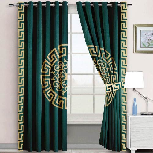 VELVET CURTAINS SUPLINDED SET WITH LASER CUTWORK GOLDEN ON GREEN WITH 2 TIE BELTS