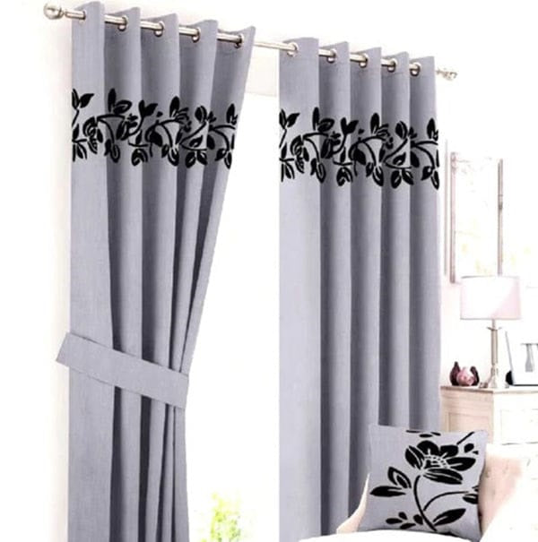 VELVET CURTAINS (PAIR) WITH FLORAL LASER CUTWORK BLACK ON GREY WITH 2 TIE BELTS