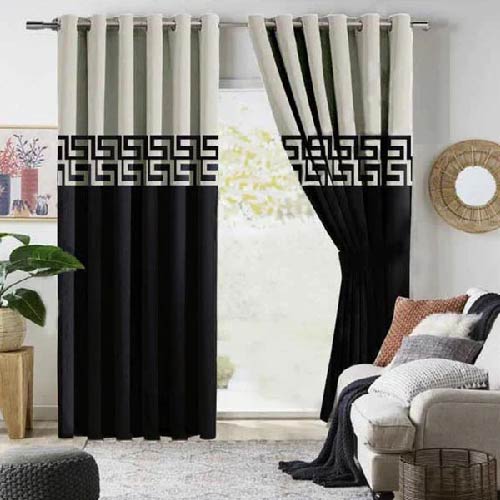 2 TONE VELVET CURTAINS WITH LASER CUTWORK BLACK & OFF-WHITE WITH TIE BELTS