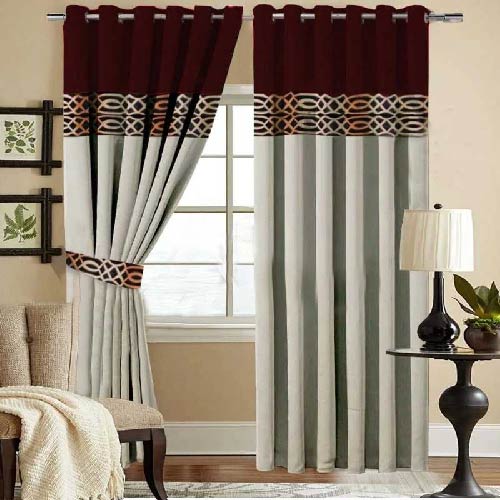 2 TONE VELVET CURTAINS WITH LASER CUTWORK MAROON & OFF-WHITE WITH TIE BELTS