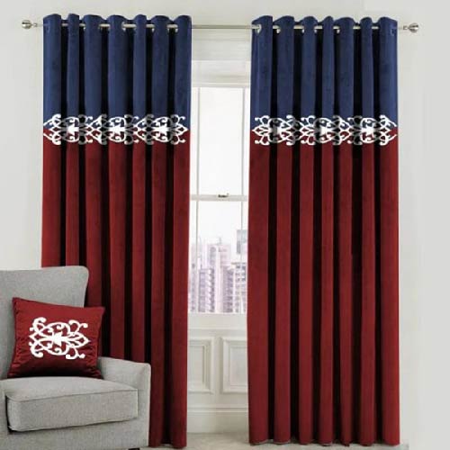 2 TONE VELVET CURTAINS WITH LASER CUTWORK ROYAL BLUE & MAROON WITH TIE BELTS