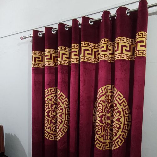 VELVET CURTAINS SUPLINDED SET WITH LASER CUTWORK GOLDEN ON MAROON WITH 2 TIE BELTS