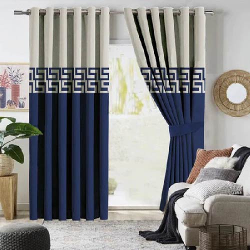 2 TONE VELVET CURTAINS WITH LASER CUTWORK BLUE & OFF-WHITE WITH TIE BELTS
