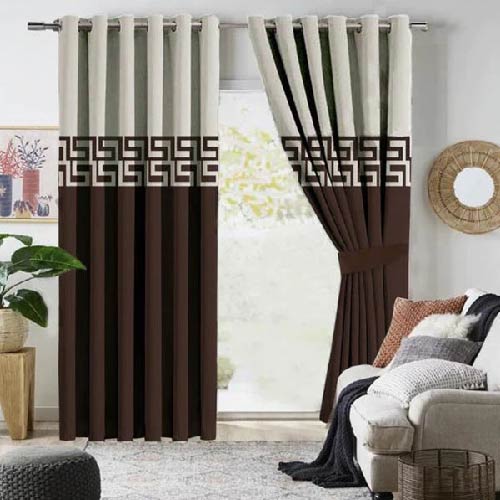 2 TONE VELVET CURTAINS WITH LASER CUTWORK CHOCOLATE BROWN & OFF-WHITE WITH TIE BELTS