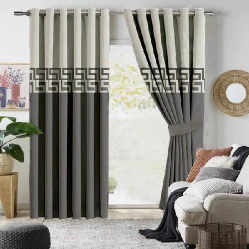 2 TONE VELVET CURTAINS WITH LASER CUTWORK GREY & OFF-WHITE WITH TIE BELTS