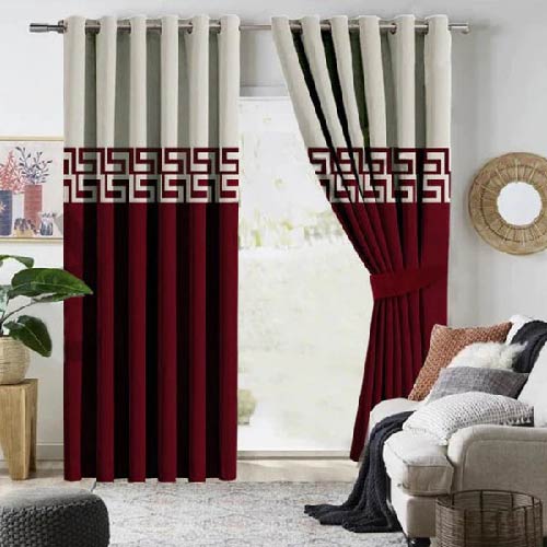 2 TONE VELVET CURTAINS WITH LASER CUTWORK MAROON & OFF-WHITE WITH TIE BELTS