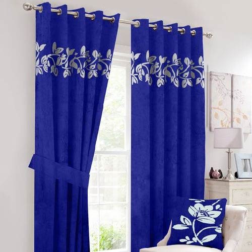 VELVET CURTAINS (PAIR) WITH FLORAL LASER CUTWORK OFF-WHITE ON BLUE WITH 2 TIE BELTS