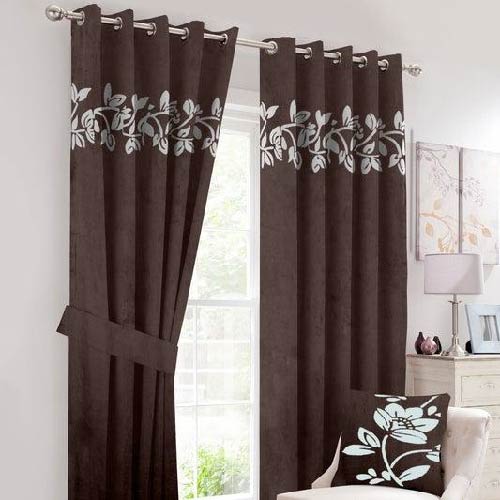 VELVET CURTAINS (PAIR) WITH FLORAL LASER CUTWORK OFF-WHITE ON CHOCOLATE BROWN WITH 2 TIE BELTS