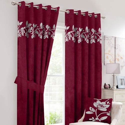 VELVET CURTAINS (PAIR) WITH FLORAL LASER CUTWORK OFF-WHITE ON MAROON WITH 2 TIE BELTS