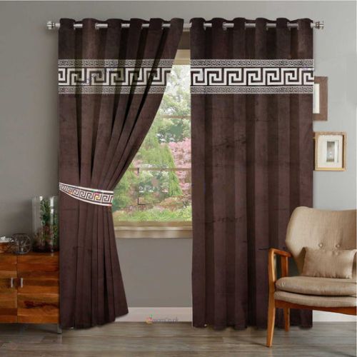 VELVET CURTAINS TOP LASER CUT BORDER OFF WHITE ON CHOCOLATE BROWN WITH 2 TIE BELTS