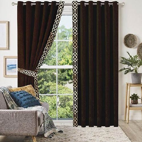 VELVET CURTAINS WITH SIDED LASER CUTWORK BORDER OFF WHITE ON CHOCOLATE BROWN WITH 2 TIE BELTS