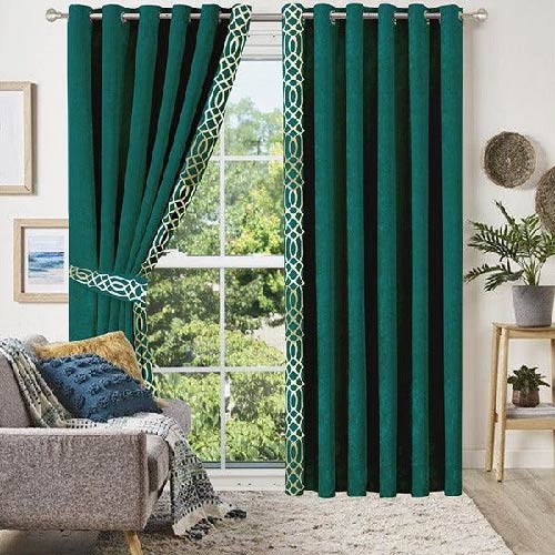 VELVET CURTAINS WITH SIDED LASER CUTWORK BORDER OFF WHITE ON GREEN WITH 2 TIE BELTS