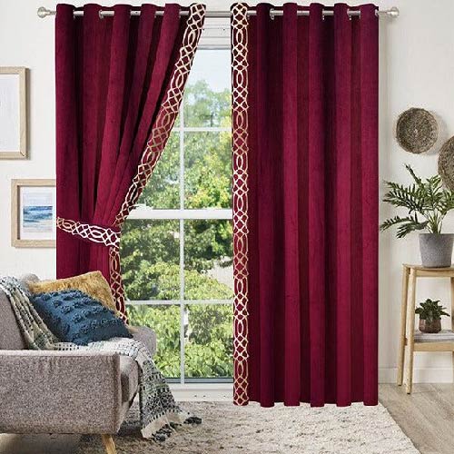 VELVET CURTAINS WITH SIDED LASER CUTWORK BORDER GOLDEN ON MAROON WITH 2 TIE BELTS