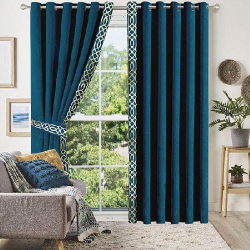 VELVET CURTAINS WITH SIDED LASER CUTWORK BORDER OFF-WHITE ON TEAL GREEN WITH 2 TIE BELTS