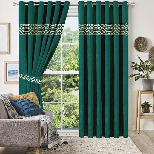 VELVET CURTAINS (PAIR) WITH DOUBLE TOP BORDER CUTWORK GOLDEN ON GREEN WITH 2 TIE BELTS