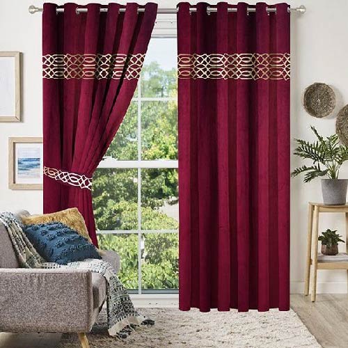 VELVET CURTAINS (PAIR) WITH DOUBLE TOP BORDER CUTWORK GOLDEN ON MAROON WITH 2 TIE BELTS