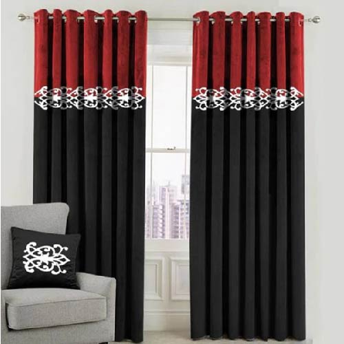2 TONE VELVET CURTAINS WITH LASER CUTWORK RED & BLACK WITH TIE BELTS