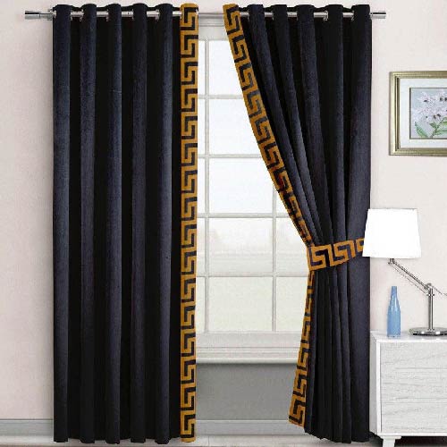 VELVET CURTAINS WITH SIDED LASER CUTWORK BORDER BROWN ON BLACK WITH 2 TIE BELTS