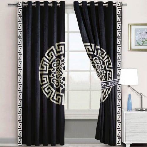 VELVET CURTAINS SUPLINDED SET WITH LASER CUTWORK WHITE ON BLACK WITH 2 TIE BELTS