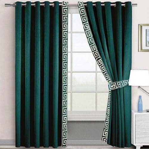 VELVET CURTAINS WITH SIDED LASER CUTWORK BORDER OFF-WHITE ON GREEN WITH 2 TIE BELTS