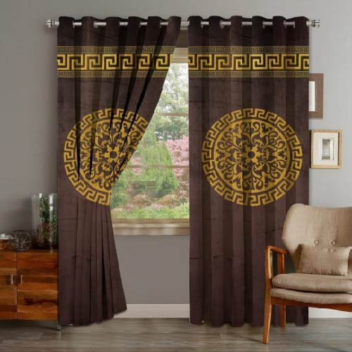 VELVET CURTAINS TOP BORDER DOUBLE SUPLINDED GOLDEN ON CHOCOLATE BROWN WITH 2 TIE BELTS