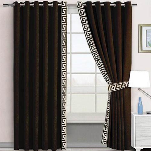 VELVET CURTAINS WITH SIDED LASER CUTWORK BORDER GOLDEN ON CHOCOLATE BROWN WITH 2 TIE BELTS