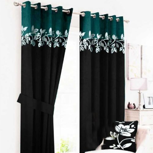2 TONE FLORAL VELVET CURTAINS WITH LASER CUTWORK BLACK & GREEN WITH TIE BELTS