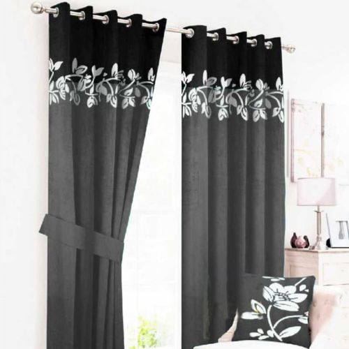 2 TONE FLORAL VELVET CURTAINS WITH LASER CUTWORK BLACK & GREY WITH TIE BELTS