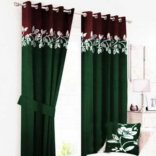 2 TONE FLORAL VELVET CURTAINS WITH LASER CUTWORK GREEN & MAROON WITH TIE BELTS