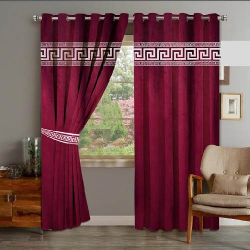 VELVET CURTAINS TOP LASER CUT BORDER WHITE ON MAROON WITH 2 TIE BELTS