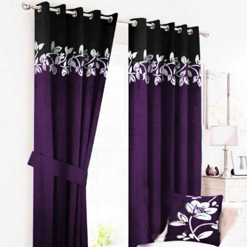 2 TONE FLORAL VELVET CURTAINS WITH LASER CUTWORK PURPLE & BLACK WITH TIE BELTS