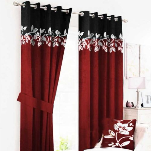 2 TONE FLORAL VELVET CURTAINS WITH LASER CUTWORK RED & BLACK WITH TIE BELTS