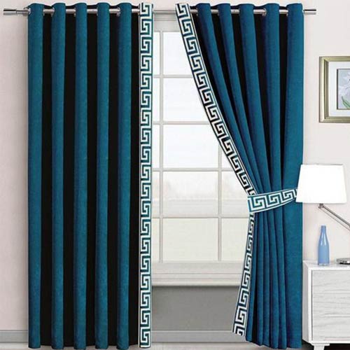 VELVET CURTAINS WITH SIDED LASER CUTWORK BORDER OFF-WHITE ON TEAL GREEN WITH 2 TIE BELTS