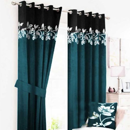2 TONE FLORAL VELVET CURTAINS WITH LASER CUTWORK TEAL GREEN & BLACK WITH TIE BELTS