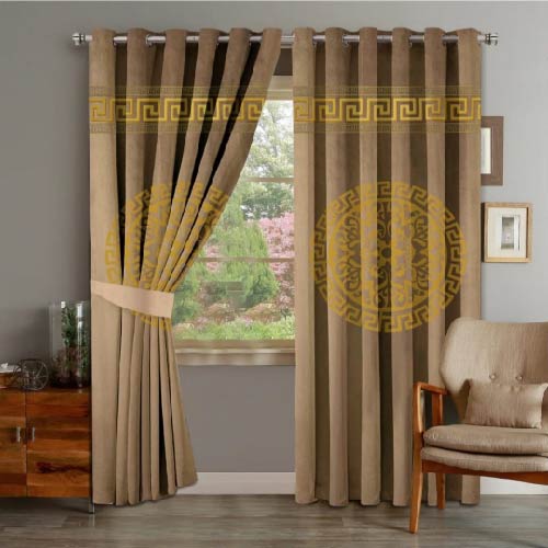 VELVET CURTAINS TOP BORDER DOUBLE SUPLINDED GOLDEN ON BEIGE BROWN WITH 2 TIE BELTS