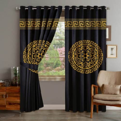 VELVET CURTAINS TOP BORDER DOUBLE SUPLINDED GOLDEN ON BLACK BROWN WITH 2 TIE BELTS