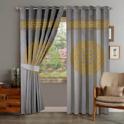 VELVET CURTAINS TOP BORDER DOUBLE SUPLINDED GOLDEN ON GREY BROWN WITH 2 TIE BELTS
